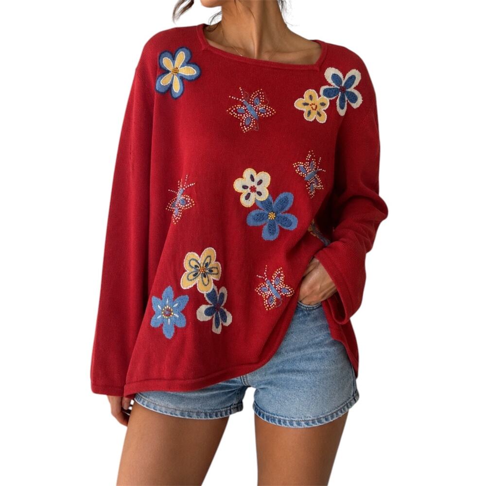 Alfred Dunner Red Floral Butterfly Embroidered Sweater Tunic Cottagecore Size 2X
